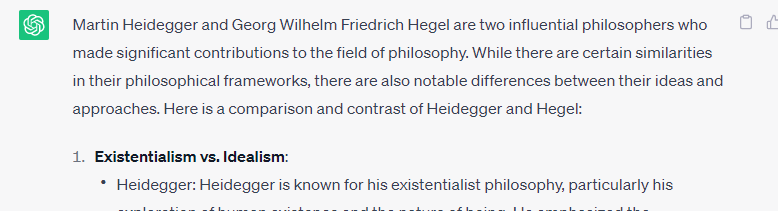 "Compare and Contrast Heidegger and Hegel;" a screenshot of a Chat GPT prompt and response by PJ Cornell.